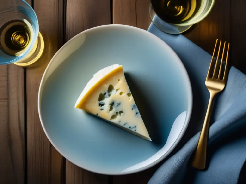Maridaje vino queso clásicos globales: plato blanco, mesa de madera, queso azul cremoso, vino Riesling dorado