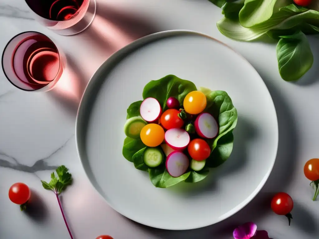 Maridaje rosados comidas ligeras: Plato blanco con ensalada fresca, vino rosado y elegancia