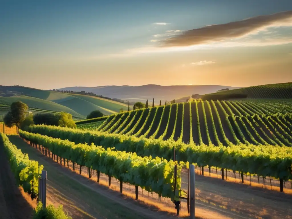 Maridaje vegano con vinos éticos en una imagen minimalista de un viñedo sereno al atardecer