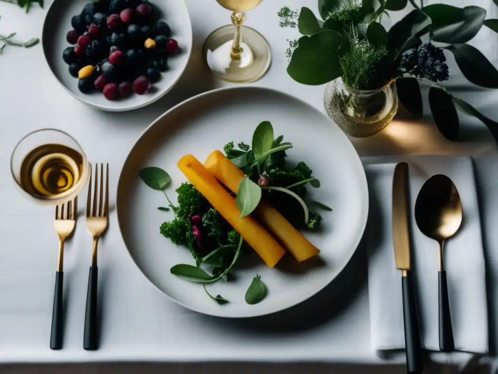 Maridaje vegano con vinos éticos - Escena minimalista de una mesa con platos veganos y una botella de vino ético como punto focal