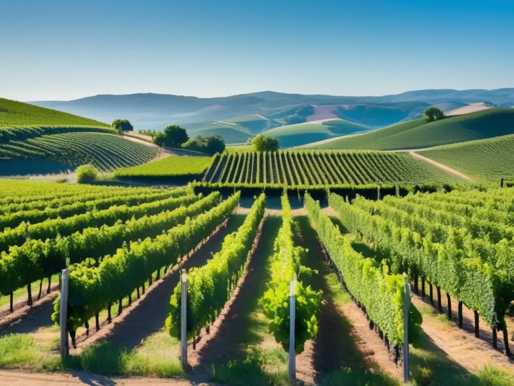 Maridaje vegano con vinos éticos: viñedo sereno con colinas, vides y uvas maduras, armonía entre naturaleza y producción