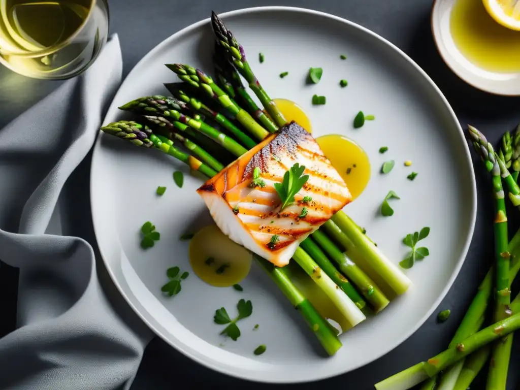 Maridaje vinos blancos pescados reinventado: plato minimalista con pescado y espárragos, decorado con hierbas frescas y salsa de limón