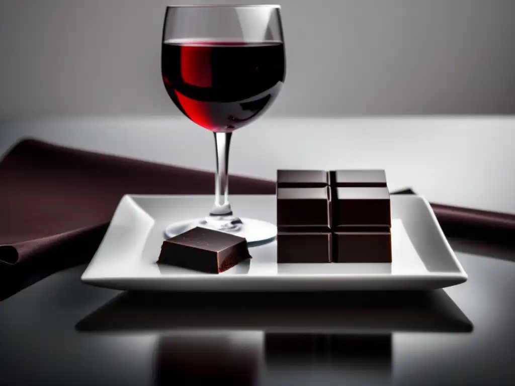 Maridaje vinos y chocolate: plato minimalista con chocolate oscuro y vino tinto