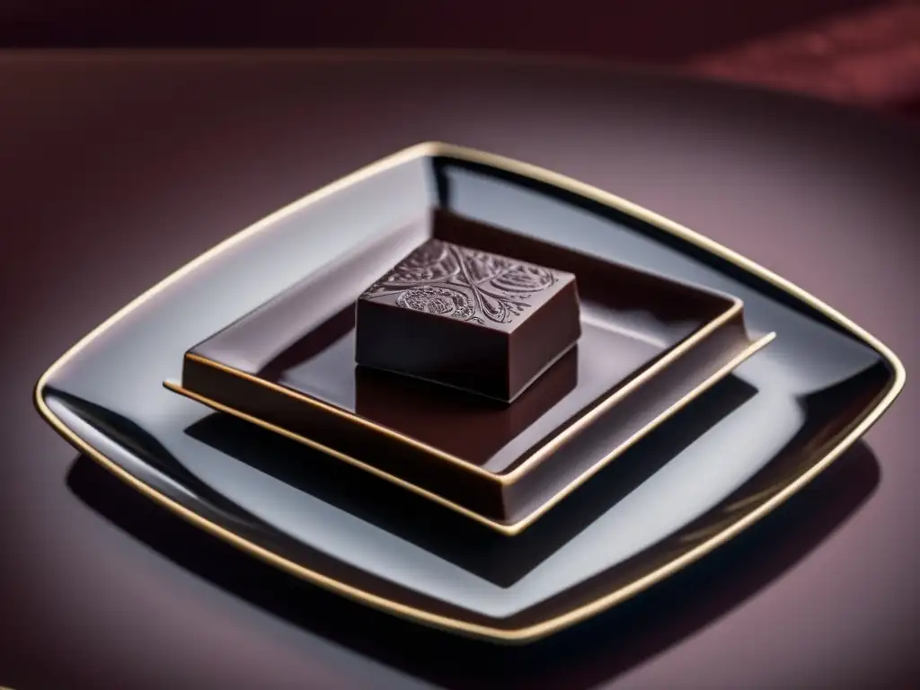 Maridaje de vinos y chocolate: plato minimalista con exquisito chocolate oscuro y copa de vino tinto