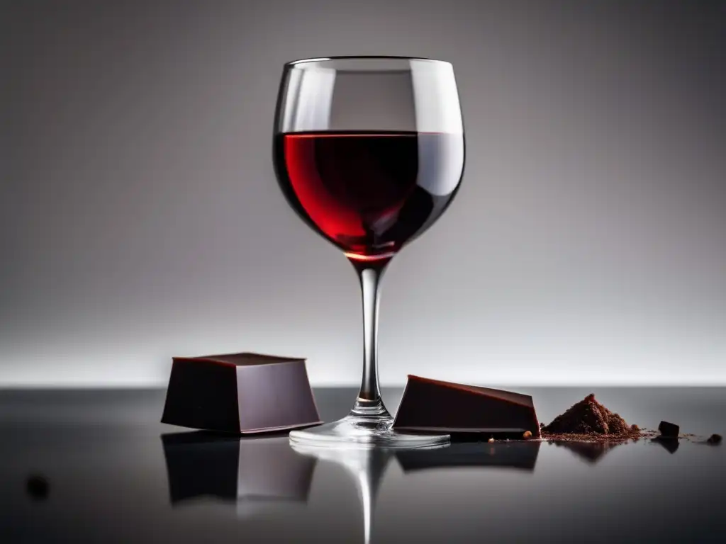 Maridaje vinos y chocolate: copa de vino y chocolate oscuro en superficie blanca, elegante y minimalista