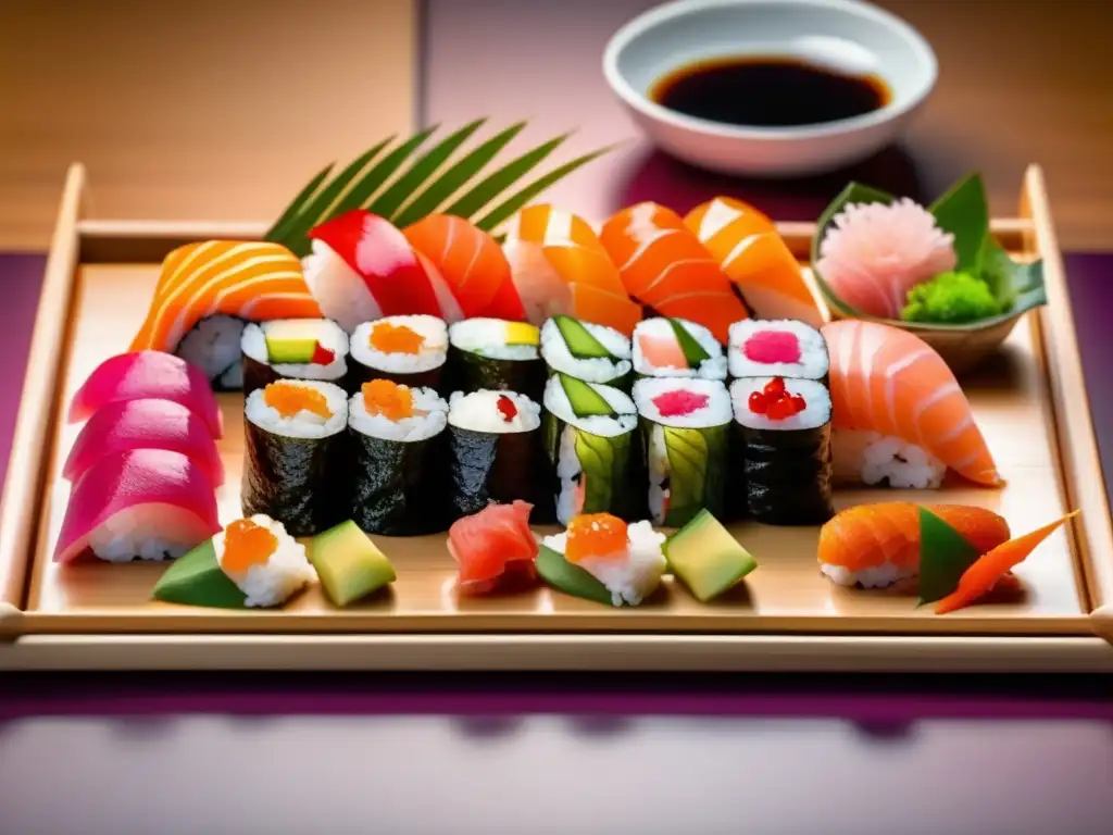 Maridaje de vinos con cocina asiática: Una exquisita selección de sushi japonés, con colores vivos y detalles delicados