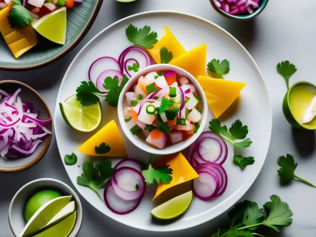 Maridaje de vinos con cocina peruana: Ceviche de pescado fresco, cebolla roja, cilantro, limón y acompañamientos vibrantes