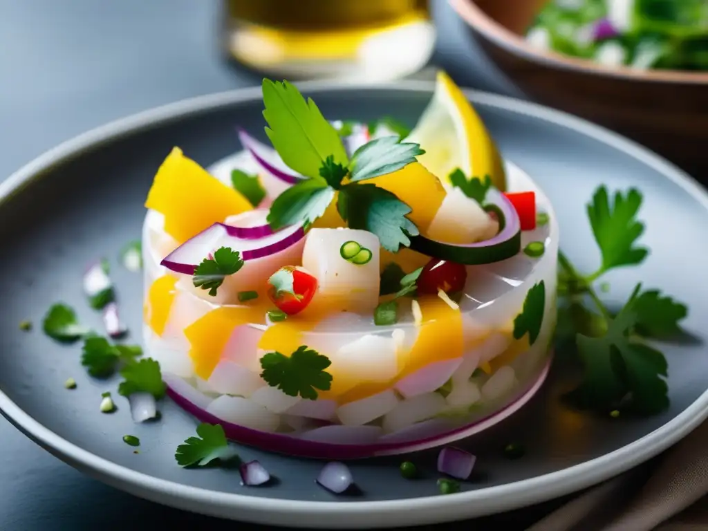 Maridaje de vinos con cocina peruana: ceviche de pescado blanco con colores vibrantes, presentación minimalista y acompañado de vino blanco