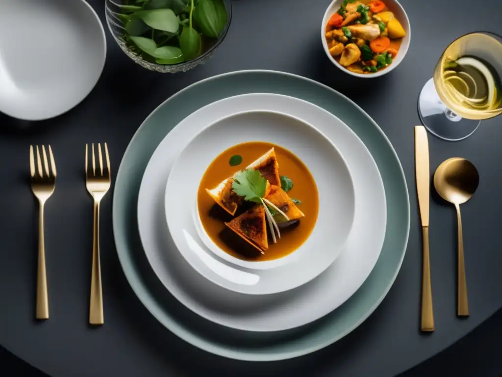 Maridaje vinos cocina tailandesa con mesa minimalista, platos blancos y cubiertos plateados