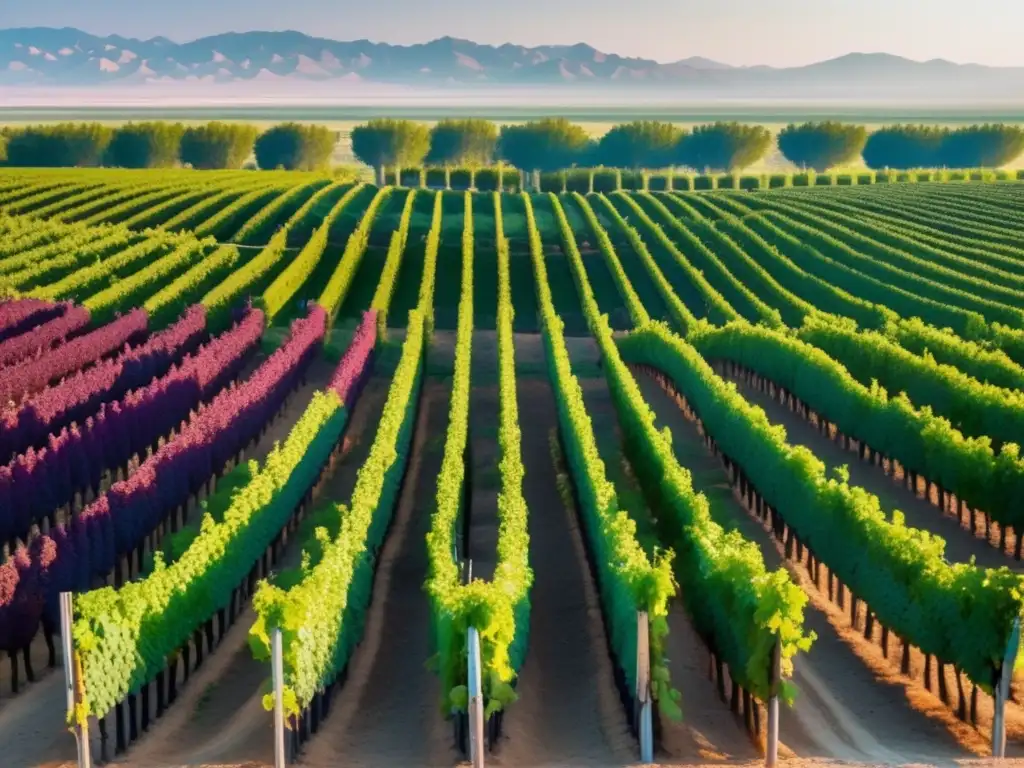 Viñedo en Uzbekistán: paisaje simétrico con uvas coloridas Maridaje vinos cocina Uzbekistana: Paisaje de viñedo en Uzbekistán, con uvas de colores y formas distintas, contrastando con la aridez del campo