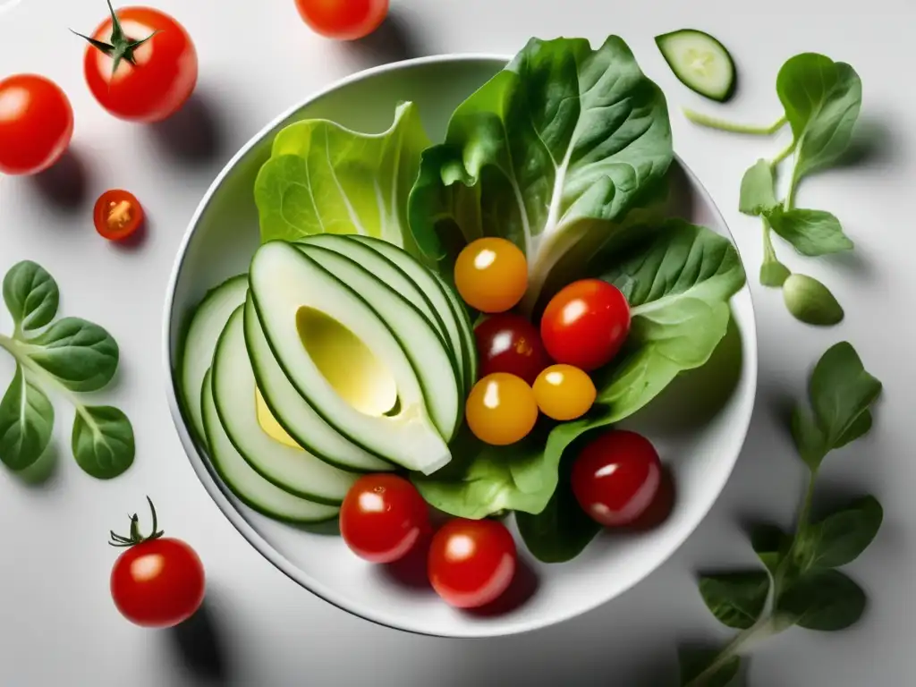 Maridaje vinos cocina vegetariana: Ensalada fresca y vino blanco en una imagen elegante