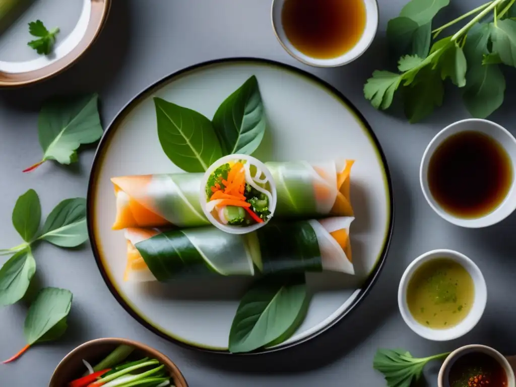 Maridaje vinos con cocina vietnamita: mesa minimalista con rollitos primavera y vino blanco