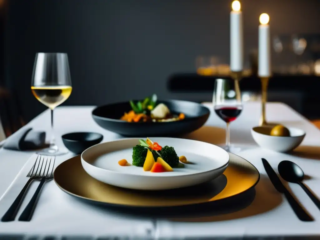 Mesa de cena elegante con platos asiáticos y vino Maridaje vinos comida asiática: Mesa minimalista con platos asiáticos y copas de vino