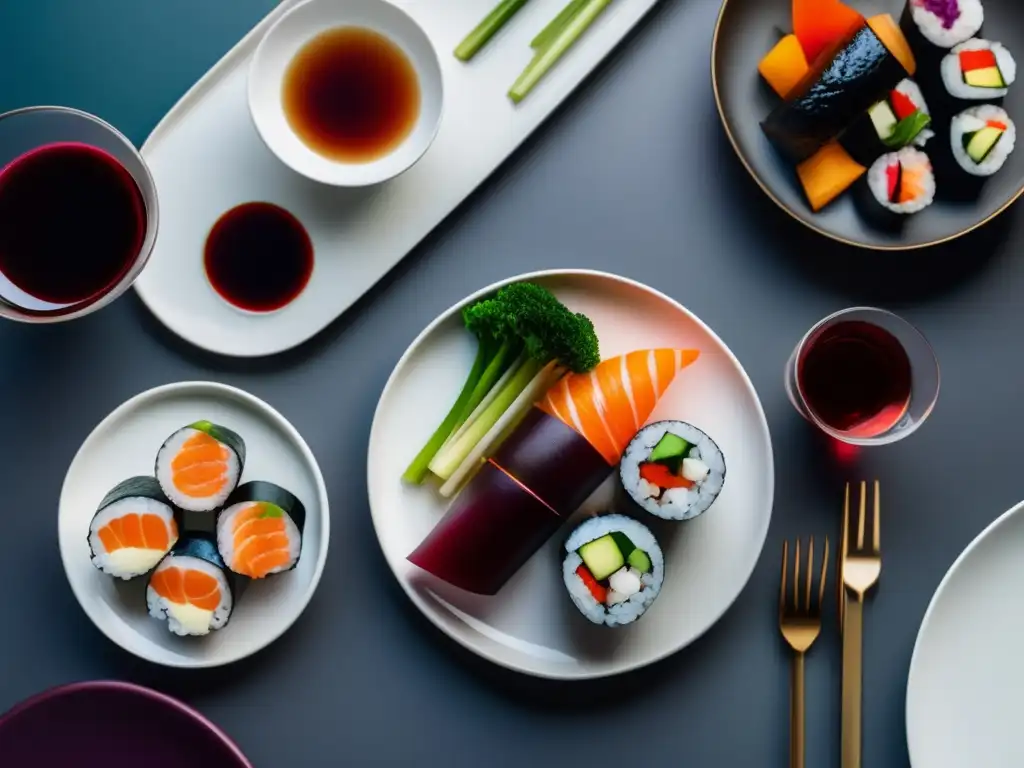 Armonía entre vino y cocina asiática Maridaje vinos comida asiática: armonía entre vino y platos coloridos de sushi, creando contraste y equilibrio