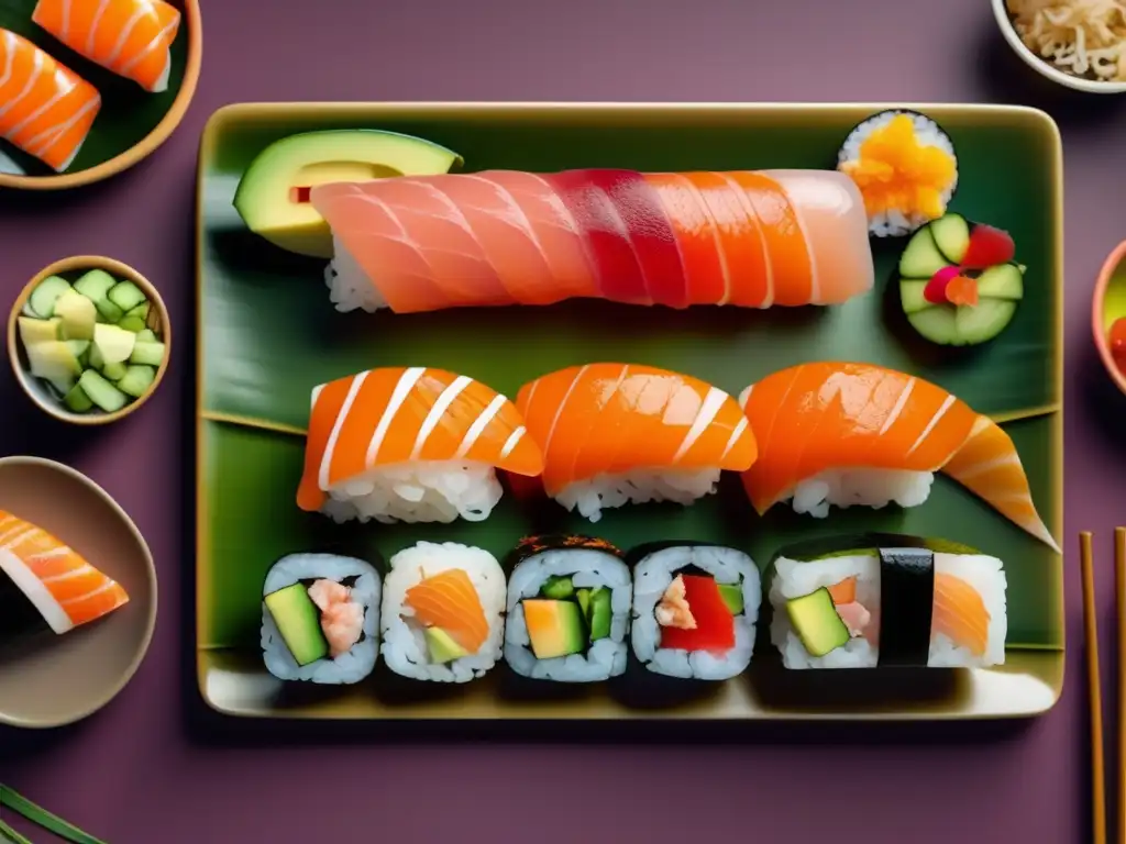 Deliciosa variedad de sushi y sashimi Maridaje vinos comida asiática: Delicado sushi 8k con variedad de rolls, nigiri y sashimi, presentado con elegancia
