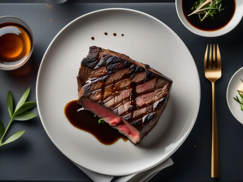 Delicioso filete grillado con presentación elegante Maridaje vinos comida asiática: Mesa minimalista con un exquisito filete a la parrilla, salsa de soja y plato picante asiático