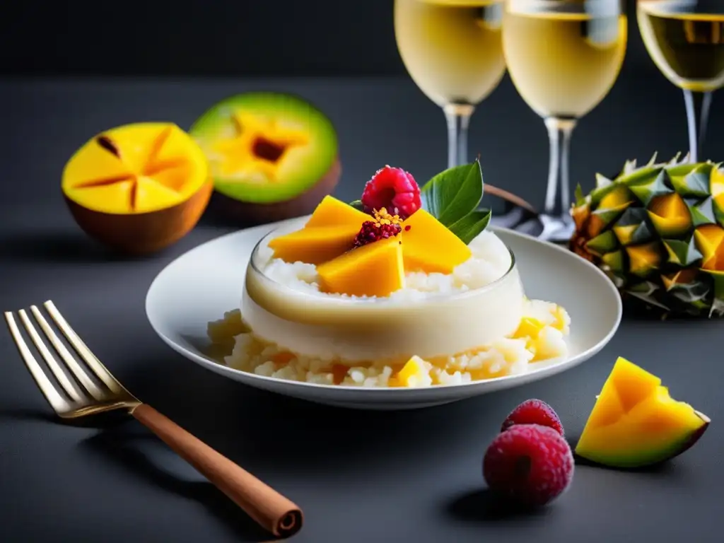 Delicioso postre de arroz con coco y frutas tropicales Maridaje vinos comida asiática: Delicioso postre de arroz con leche de coco y frutas tropicales, acompañado de vino blanco