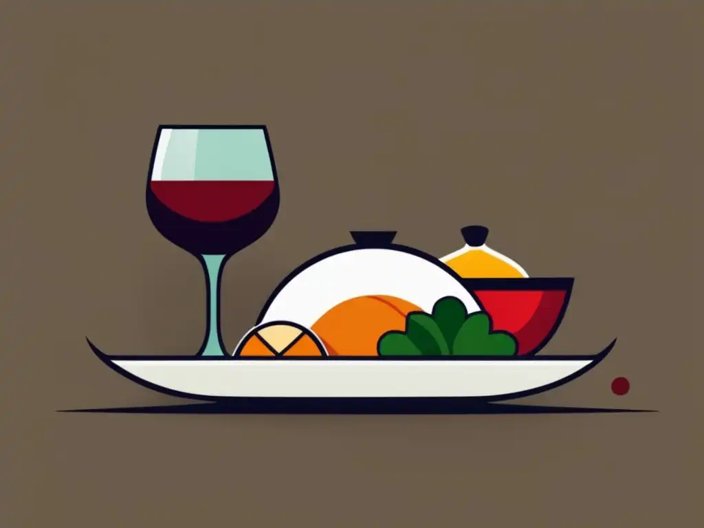 Elegante vino y deliciosa comida asiática Maridaje vinos comida asiática: copa de vino elegante y plato colorido de comida asiática