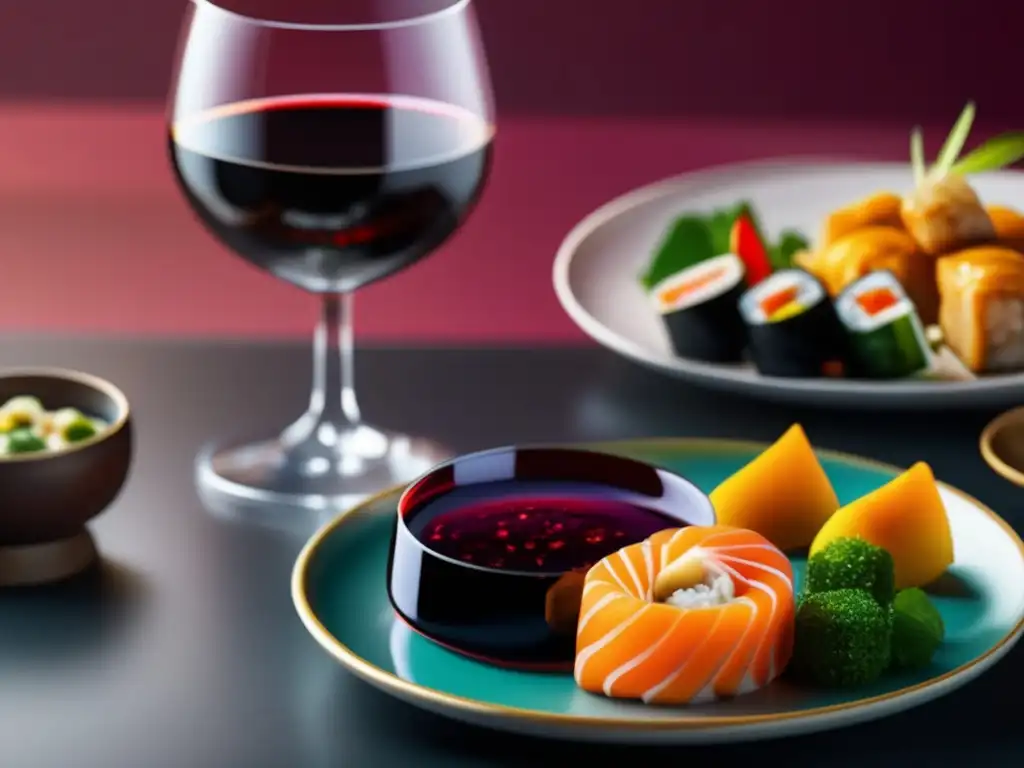 Vino y cocina asiática en armonía Maridaje vinos comida asiática: Vino tinto y deliciosa cocina asiática con sushi, dumplings, verduras salteadas y un vibrante curry