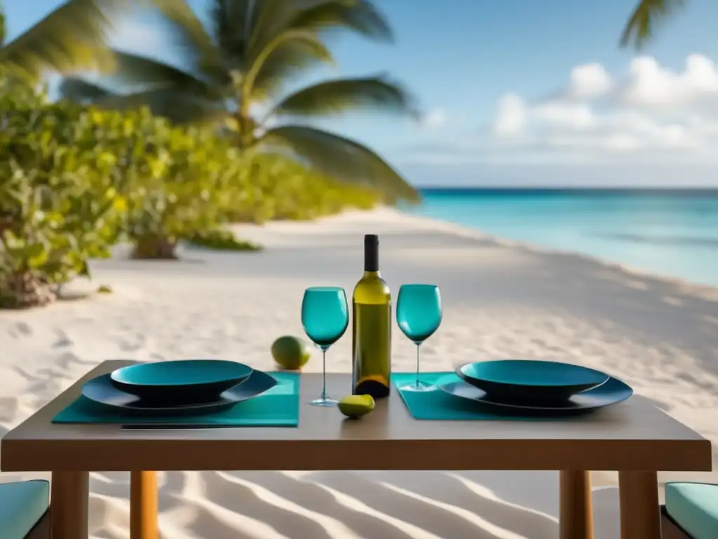 Maridaje vinos comida hawaiana: mesa blanca en playa tropical, con plato de delicias hawaianas y copa de vino tinto