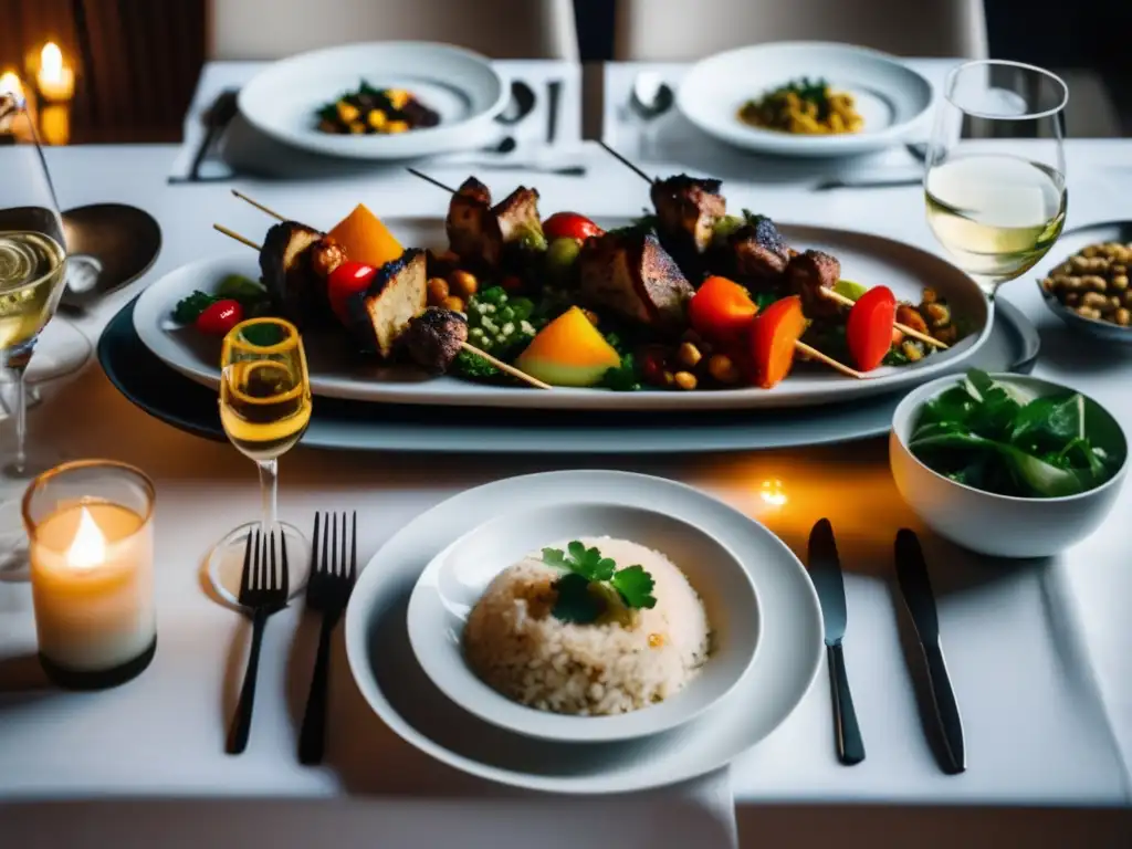 Maridaje vinos y comida árabe en mesa elegante con platos blancos