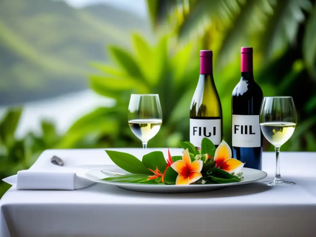 Maridaje vinos cocina Fiji: Elegante mesa con vino, flores y verdor