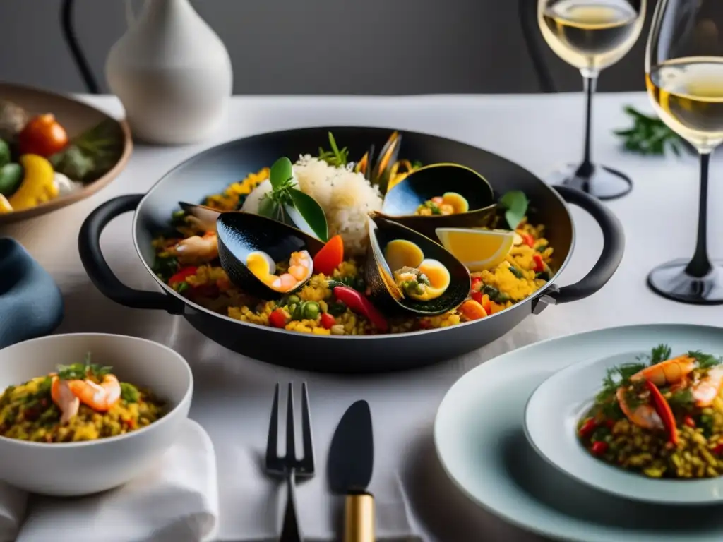 Mesa de comedor con paella, tapas y jamón Maridaje de vinos españoles: mejores parejas en una mesa minimalista