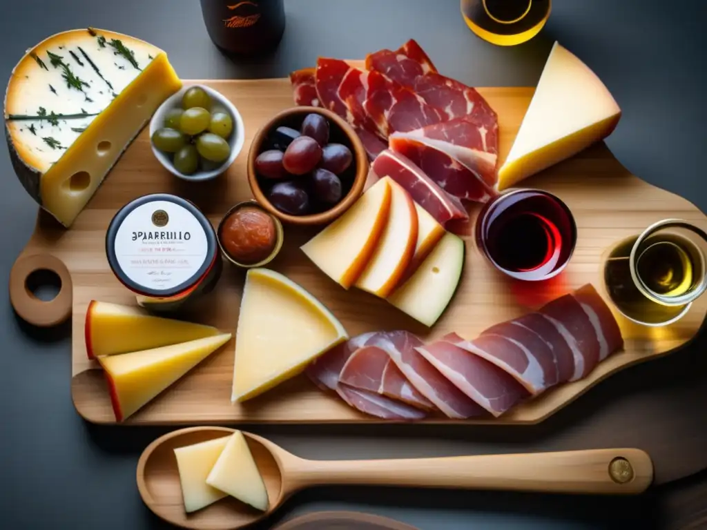 Tabla de quesos y tapas españolas con vinos Maridaje vinos españoles: tapas, quesos, jamón ibérico, chorizo, vinos Tempranillo, Garnacha, Tinta de Toro