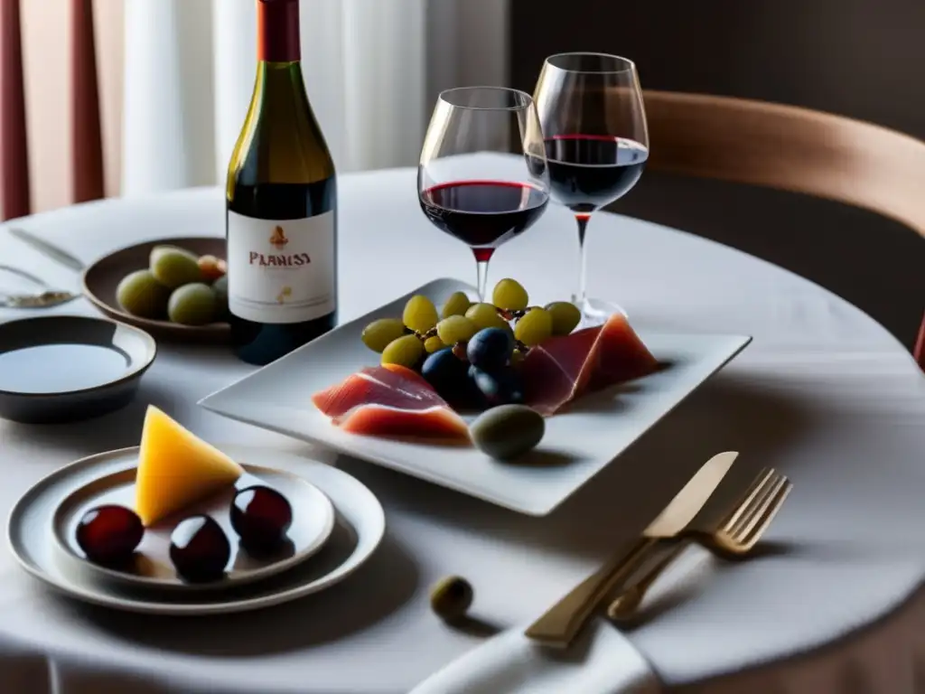 Elegante mesa de vinos y tapas Maridaje vinos españoles: tapas, jamón, queso, aceitunas, pan