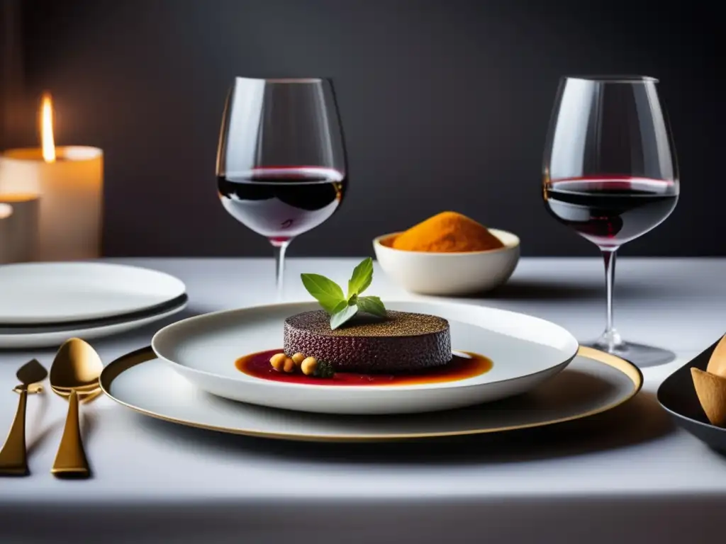 Maridaje de vinos y especias en cocina de vanguardia: mesa minimalista con platos blancos, copas de vino y platos artísticamente presentados