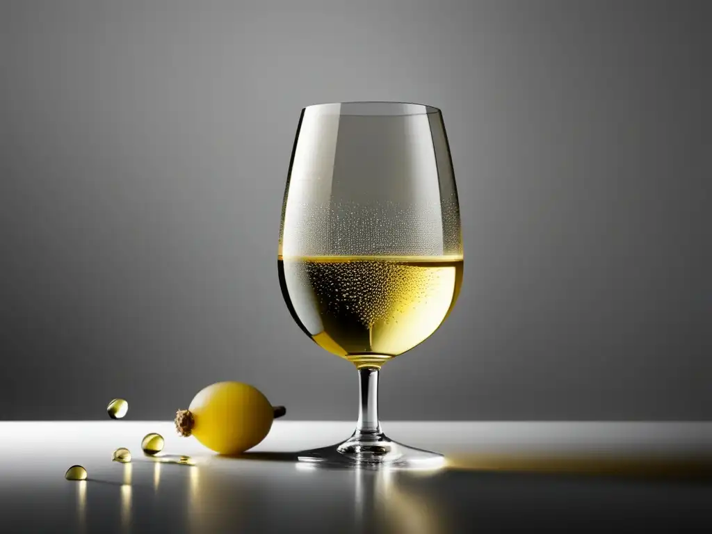 Maridaje vinos estaciones año: copa de vino blanco, fresco y ligero, con menta y condensación, evoca sofisticación y placer