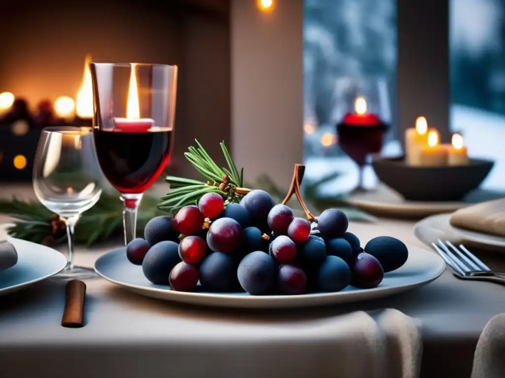 Maridaje vinos estaciones año - Mesa invernal elegante con copas de vino tinto, elementos estacionales y luz de velas