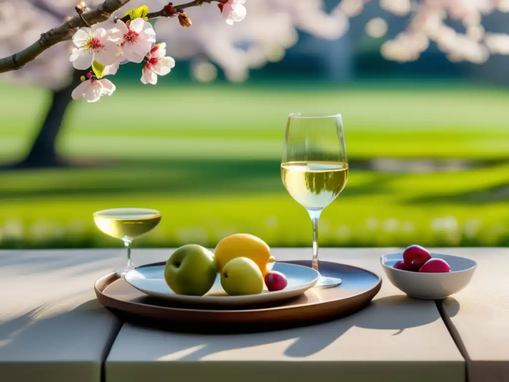 Maridaje vinos estaciones año - Jardín primaveral, mesa de madera con vino blanco y frutas frescas, cerezos en flor