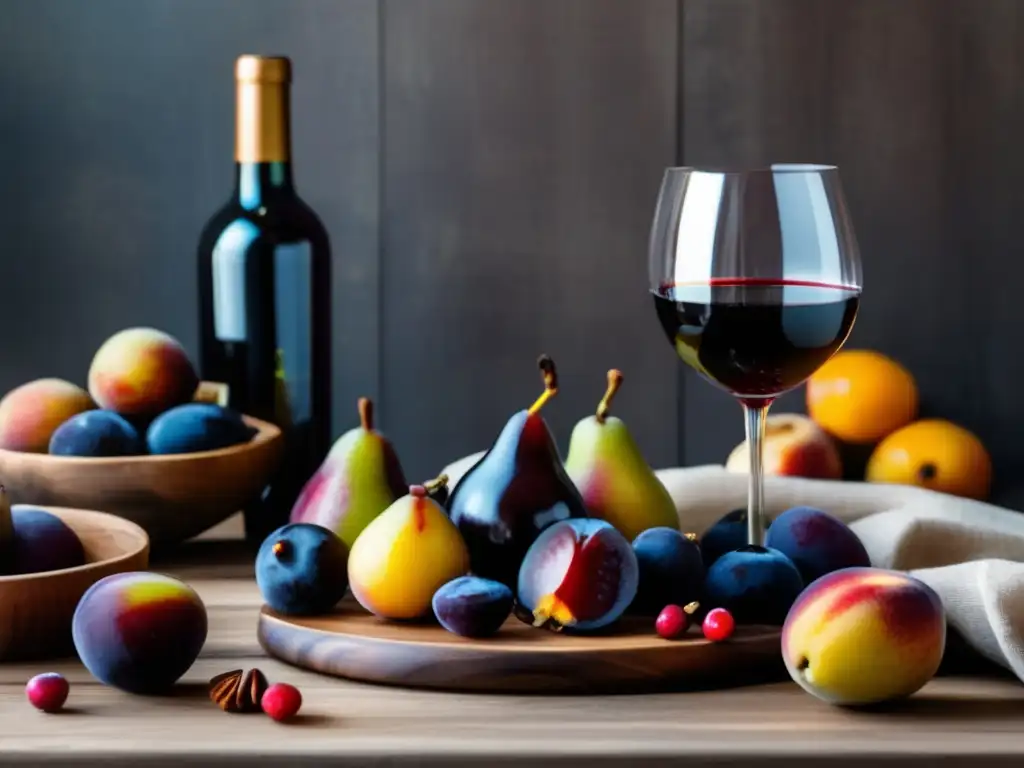 Maridaje vinos estaciones otoño: mesa elegante, frutas de temporada, vino joven, platos deliciosos, ambiente cálido