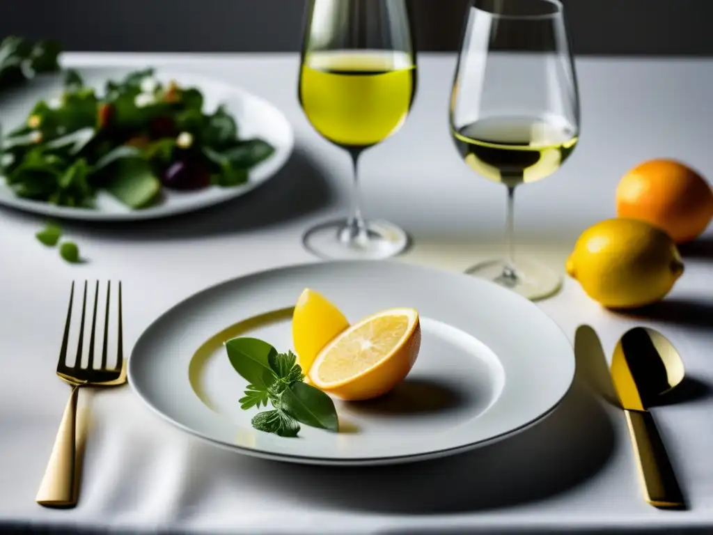 Maridaje vinos eventos ocasiones - Mesa minimalista con vajilla moderna y un elegante vaso de vino blanco, acompañado de un plato ligero y colorido