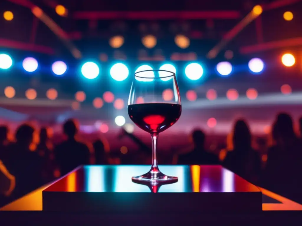 Maridaje vinos eventos cultura popular: Vino tinto y concierto de rock en escenario, fusionando la esencia en una imagen minimalista