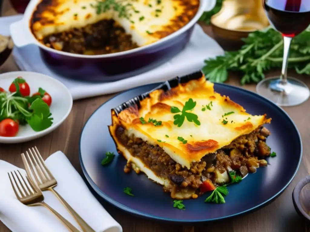 Maridaje vinos griegos moussaka con elegante mesa y comida exquisita