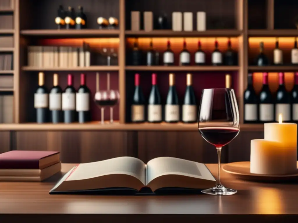 Maridaje vinos y libros culturales: mesa minimalista con copas de vino y libros elegantemente colocados en una escena cálida y sofisticada