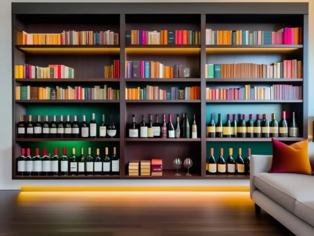 Maridaje vinos y libros culturales en estantería minimalista