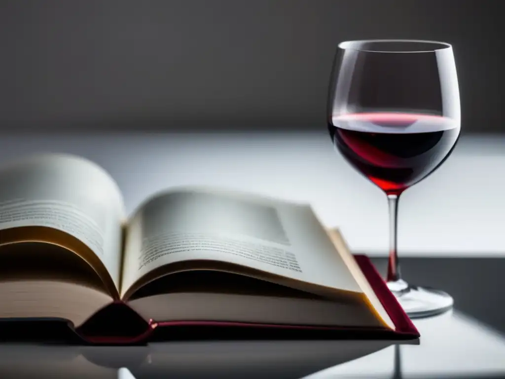 Maridaje vinos y libros culturales: copa de vino y libro en superficie blanca, minimalista y elegante