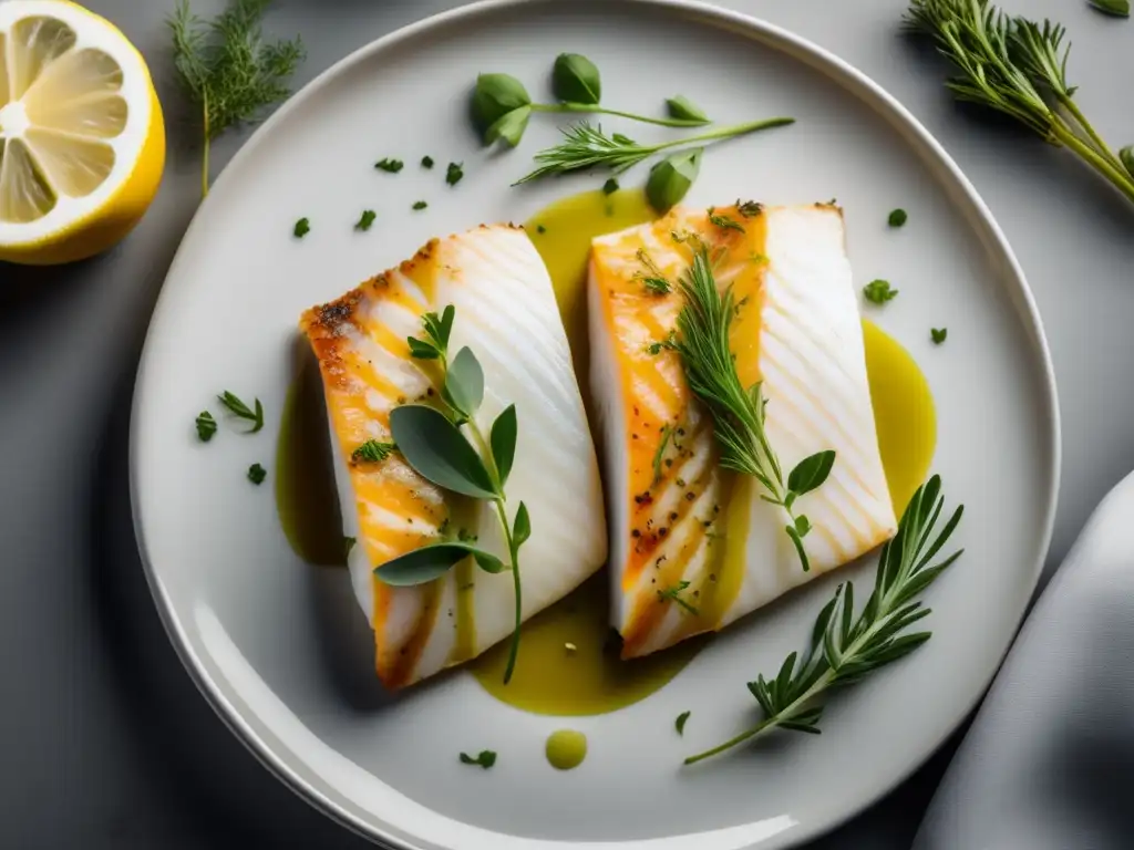 Maridaje vinos orgánicos gastronomía: Delicioso plato de pescado blanco con hierbas y limón