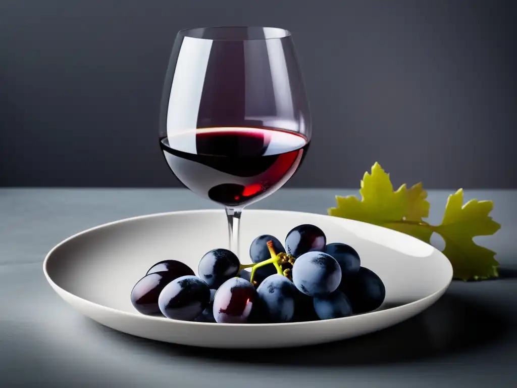 Maridaje vinos orgánicos gastronomía: plato blanco con copa de vino tinto orgánico y uvas, sencillo y sofisticado