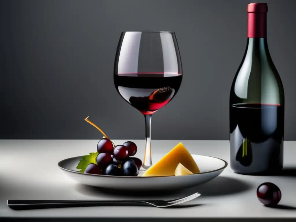 Elegante maridaje: vino y comida Maridaje de vinos: copa de vino tinto y plato de comida elegante, sabores y texturas variadas (110 caracteres)