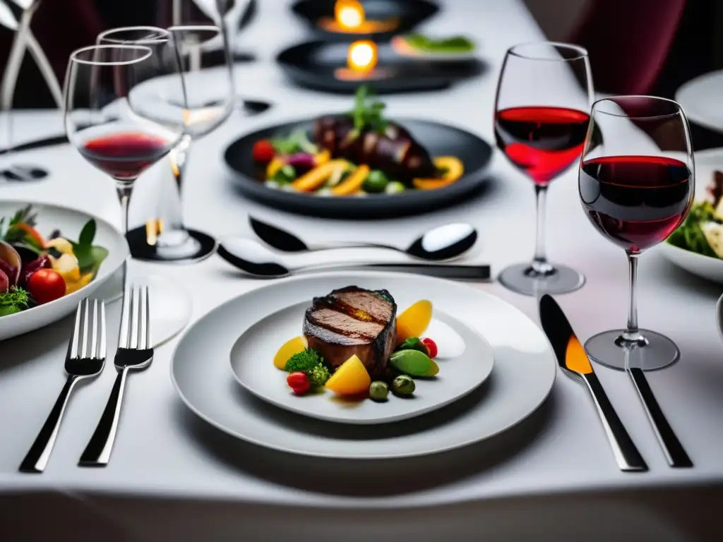 Maridaje de vinos y platos con elegante mesa blanca y comida colorida