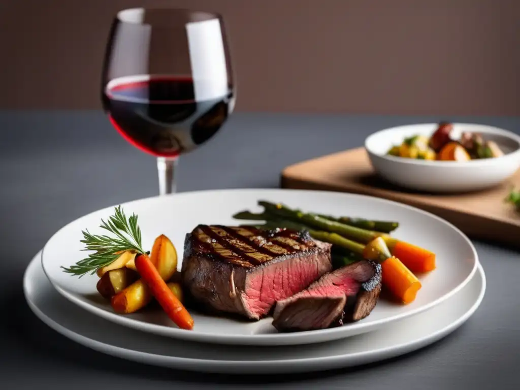 Maridaje de vinos y platos con elegante presentación y colores ricos