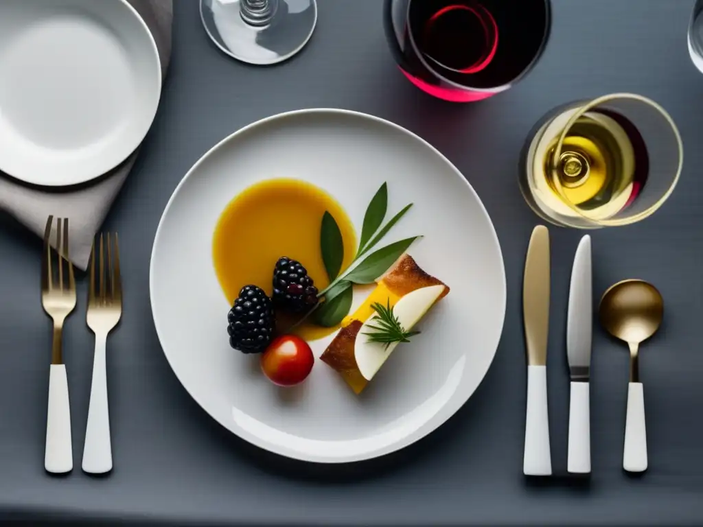 Maridaje vinos y platos: Mesa minimalista con mantel blanco, vajilla elegante y plato de comida colorido, acompañado de copa de vino rojo