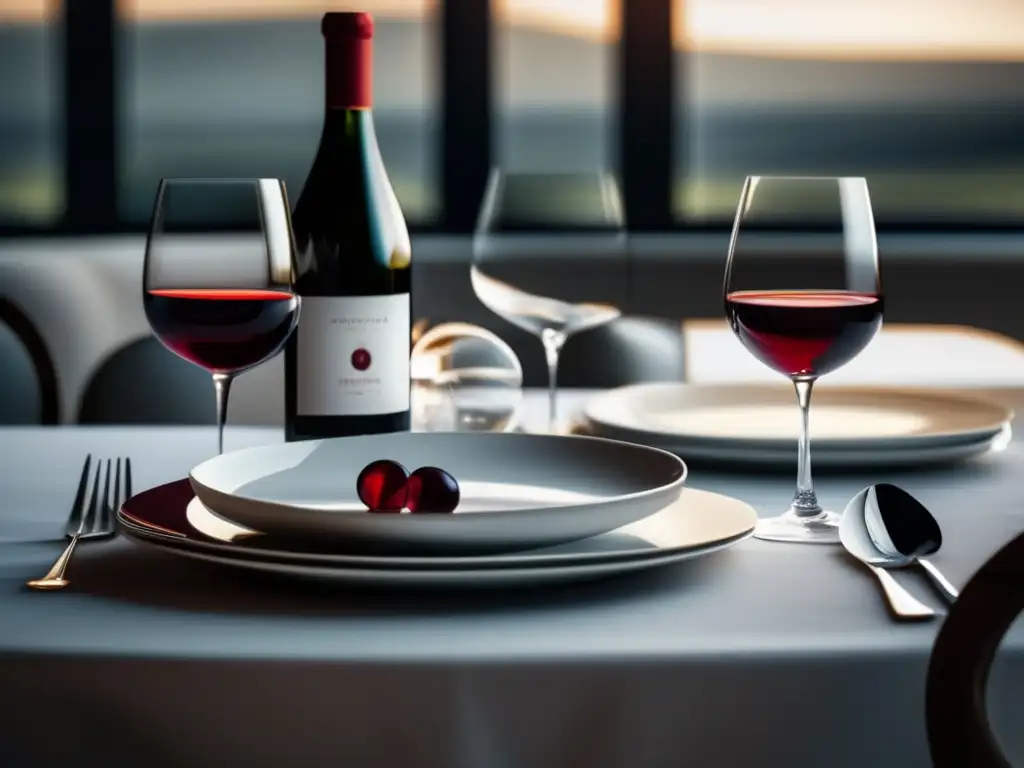 Maridaje de vinos y platos en una mesa elegante con copas, platos y cubiertos de plata