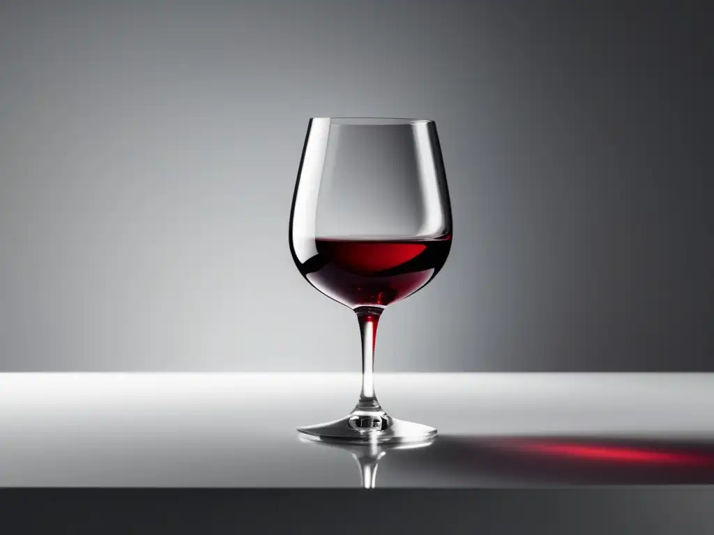 Maridaje de vinos y platos: copa minimalista con vino rojo reflejando la luz, elegante y sofisticada