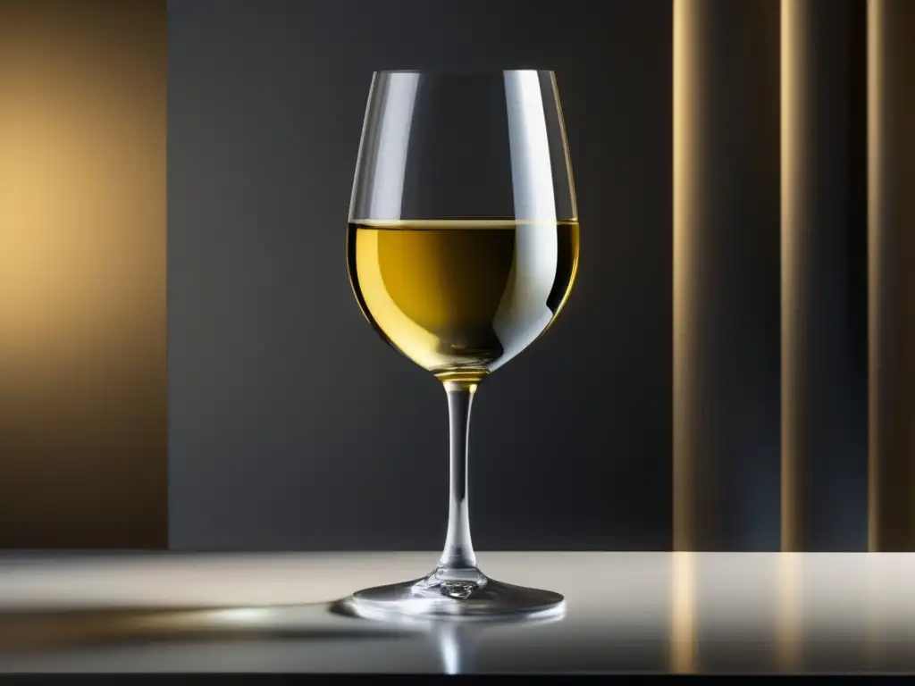 Maridaje de vinos y platos: Copa de vino blanco dorado en mesa contemporánea, equilibrio perfecto