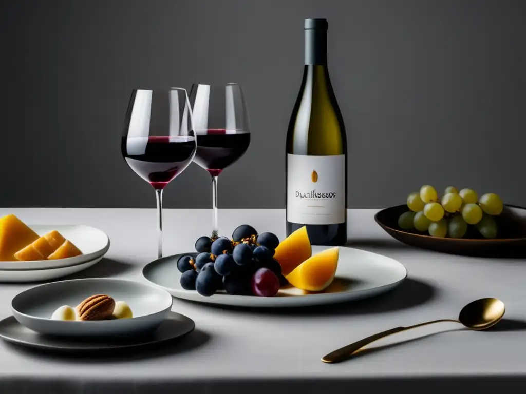 Mesa elegante para maridaje de vinos y postres Maridaje vinos y postres: guía completa - Imagen de mesa minimalista con vinos espumosos, dulces y fortificados, y postres exquisitos